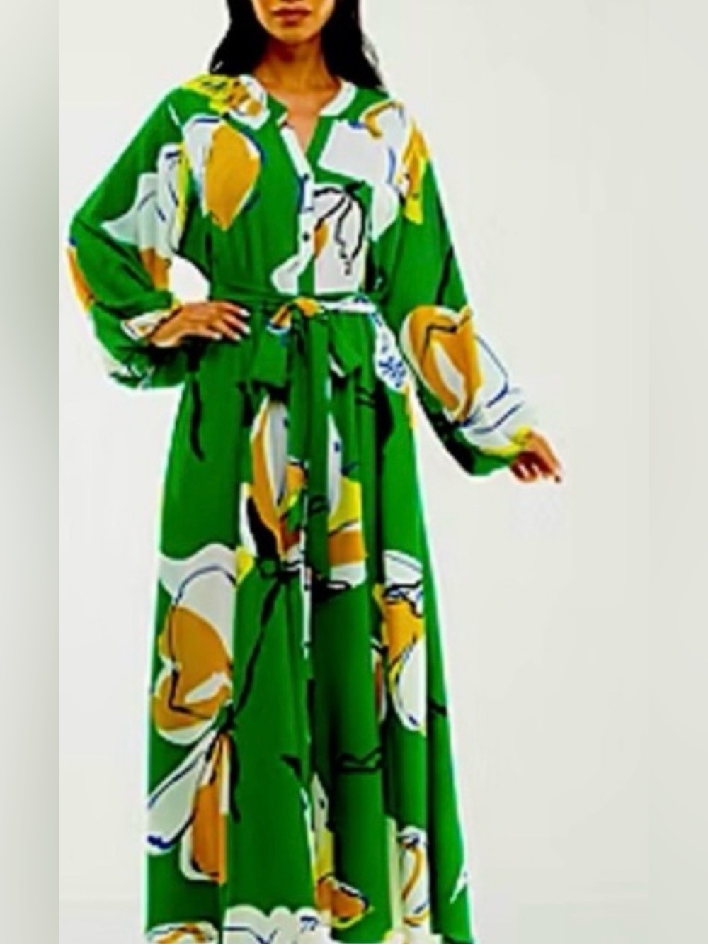 Premier Amour Green Floral Print Blouse with Mustard Accents